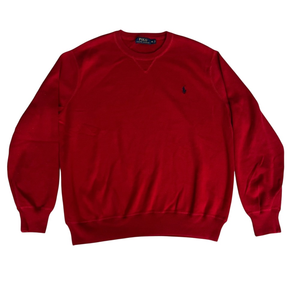 Polo Ralph Lauren Mens XL Red Cotton Crewneck Sweater Navy Blue Pony Logo